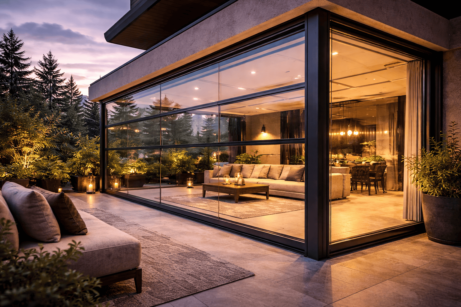 Terasă închisă modernă cu geamuri mari, ideală pentru relaxare în sezon rece.