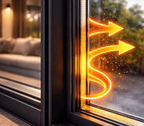 Ușă glisantă cu izolare termică și sistem ghilotină pentru siguranță.