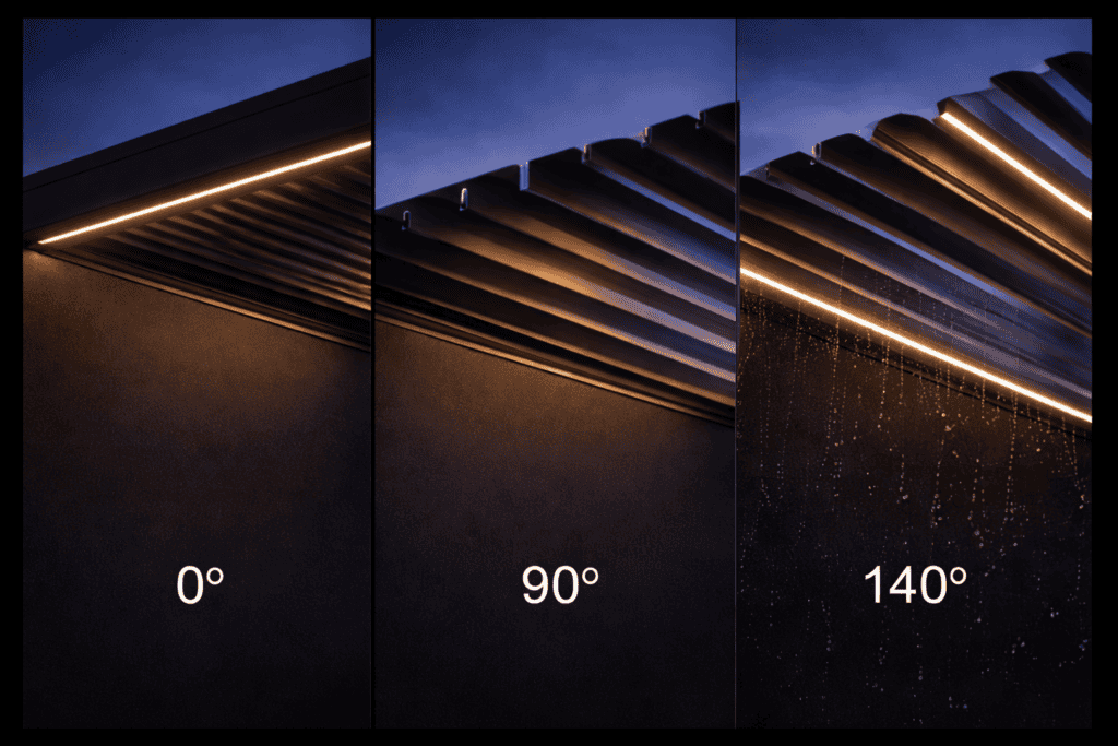 Detaliu al unei pergole bioclimatice cu lamele ajustabile la diferite unghiuri.