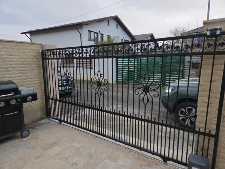 Poartă metalică pentru curte și garaj, cu design ornamental și durabilitate ridicată.