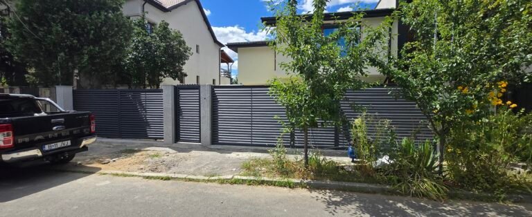 Fereastră modernă și gard de protecție în curtea unei case rezidențiale.