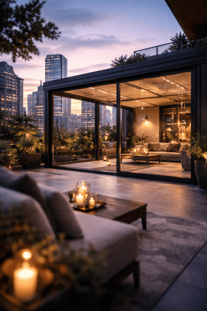 Terasă închisă cu vedere panoramică, perfectă pentru relaxare și socializare în sezonul rece.