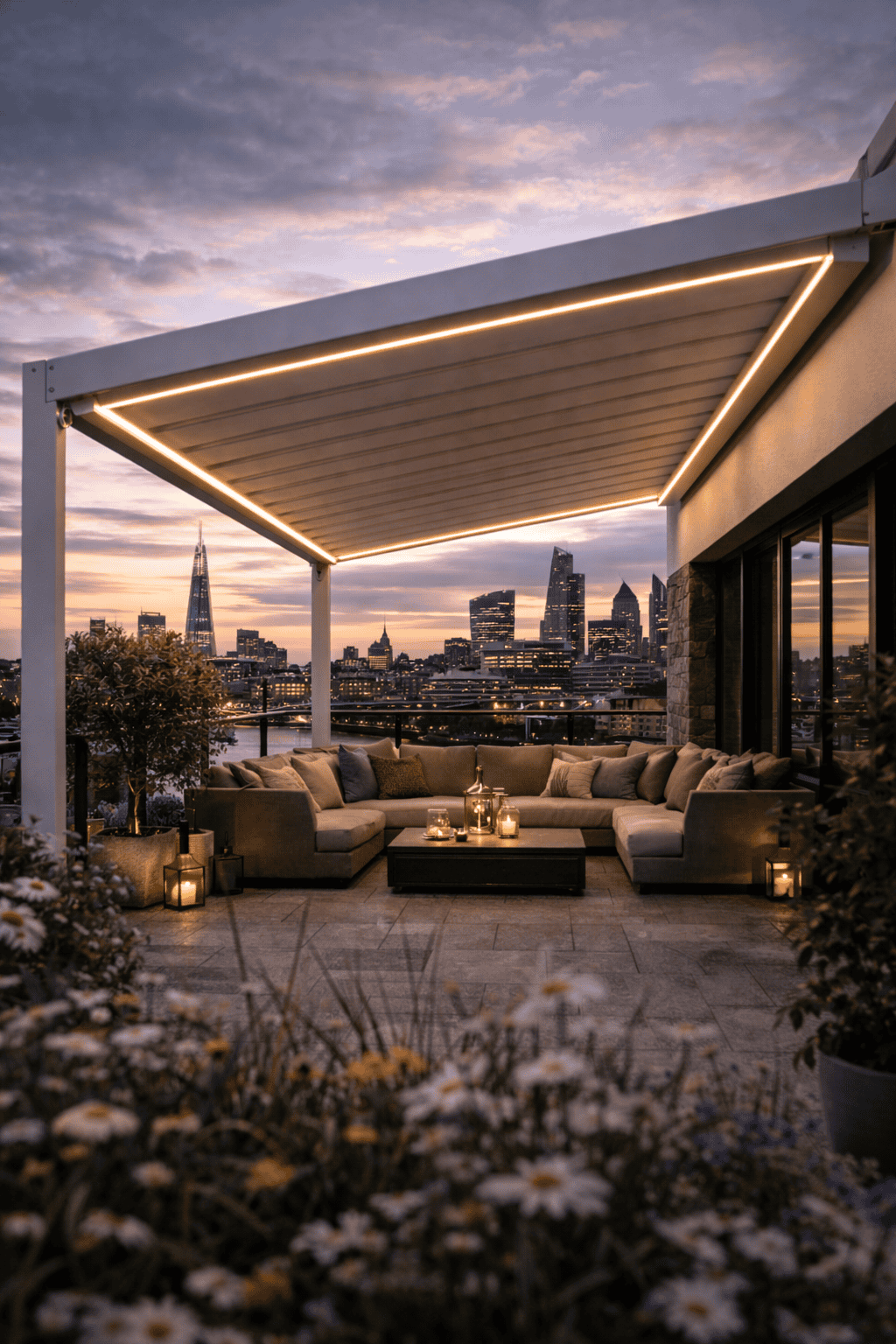 Pergolă retractabilă PVC cu iluminare LED pentru terasă modernă.