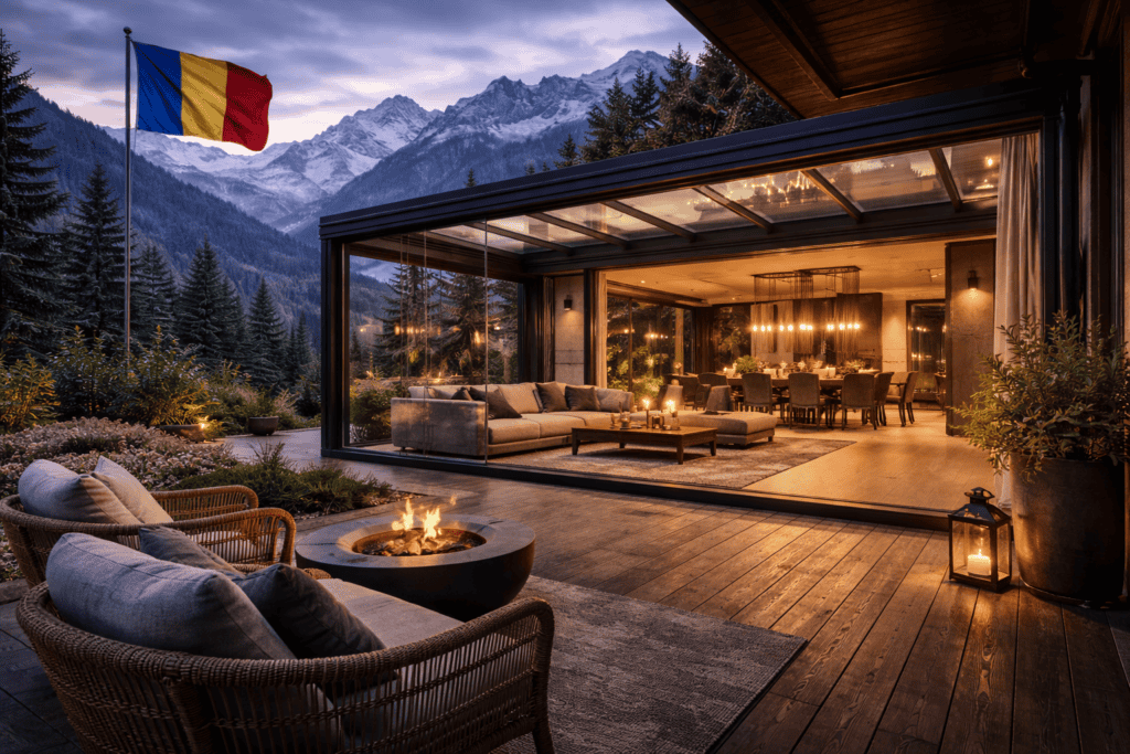 Terasă închisă modernă cu vedere spre munți și peisaje naturale.