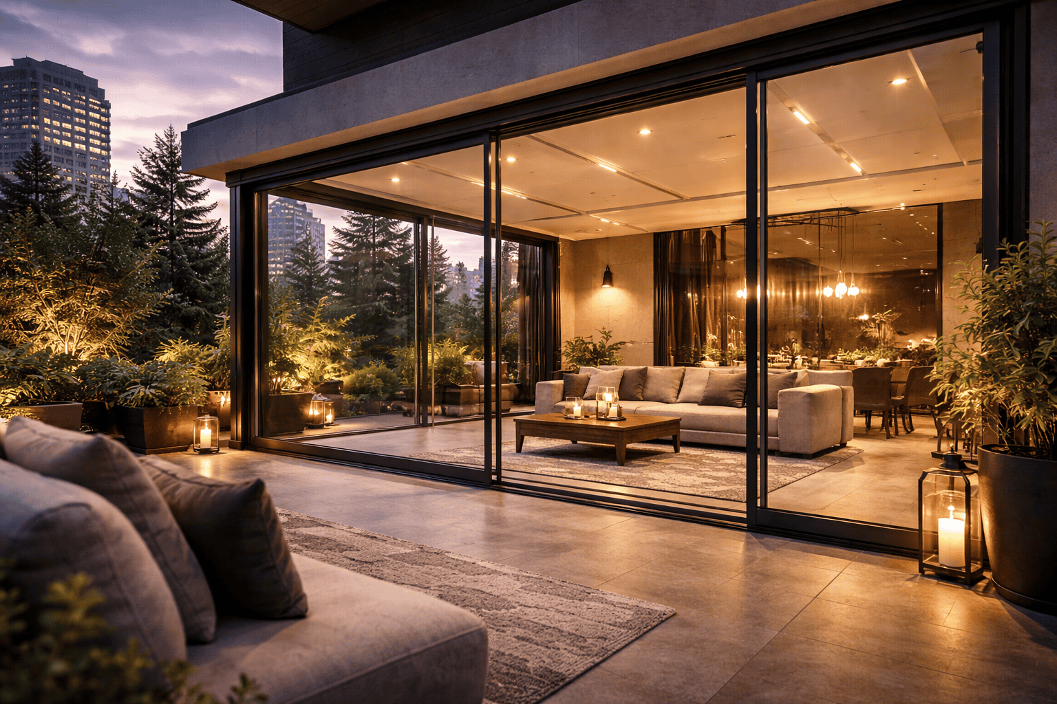 Terasă închisă modernă cu geamuri mari, perfectă pentru relaxare în sezonul rece.