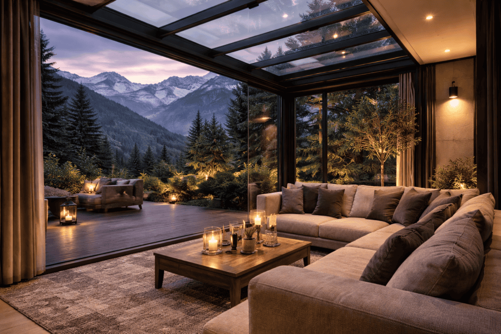 Terasă închisă cu vedere spre munți și natură, perfectă pentru relaxare în sezonul rece.