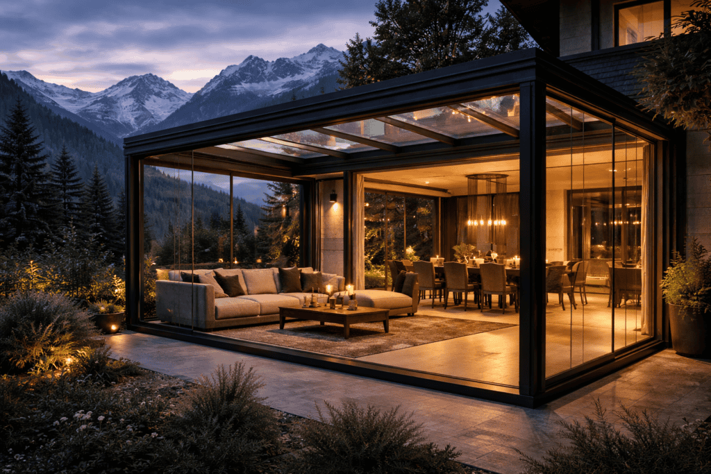 Terasă închisă modernă cu geamuri mari, ideală pentru relaxare în sezon rece.