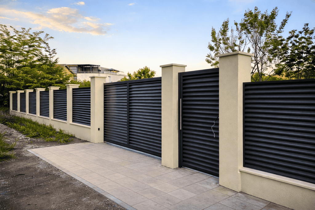Gard din aluminiu negru, modern și durabil, pentru protecție și intimitate.