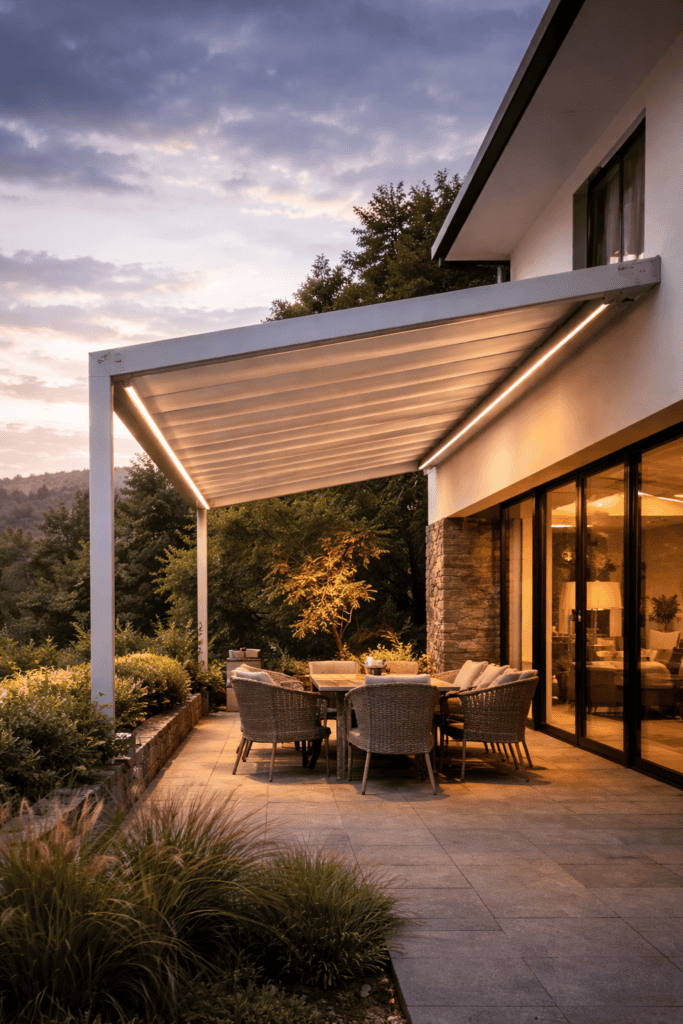 Pergolă retractabilă PVC pentru protecție și confort exterior.