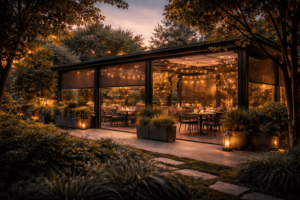 Tavernă cu sistem de umbrire, protecție solară și atmosferă caldă.