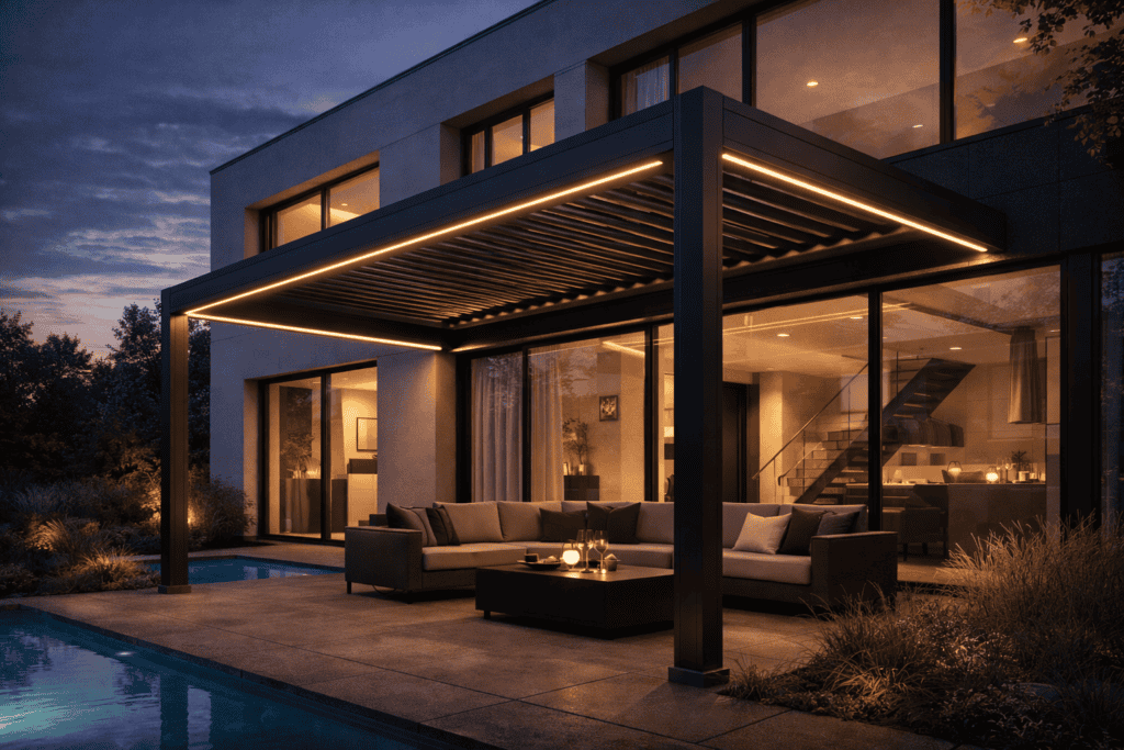 Pergolă bioclimatică cu design elegant și funcțional pentru spații exterioare.