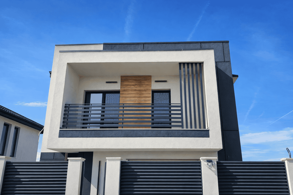 Clădire modernă cu balcon și elemente din lemn, în stil contemporan.