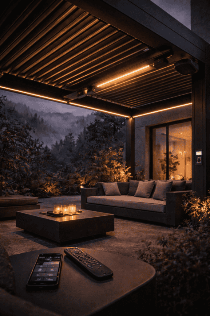 Pergolă bioclimatică pentru terasă, cu design elegant și funcționalitate avansată.