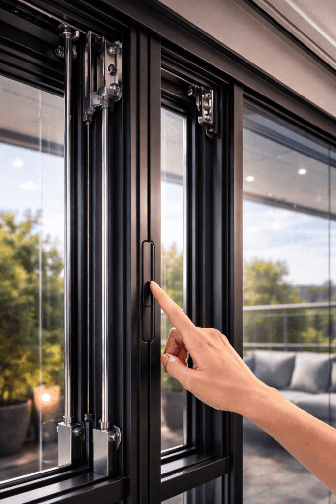 Ușă glisantă cu mecanism de închidere ghilotină pentru siguranță și durabilitate.