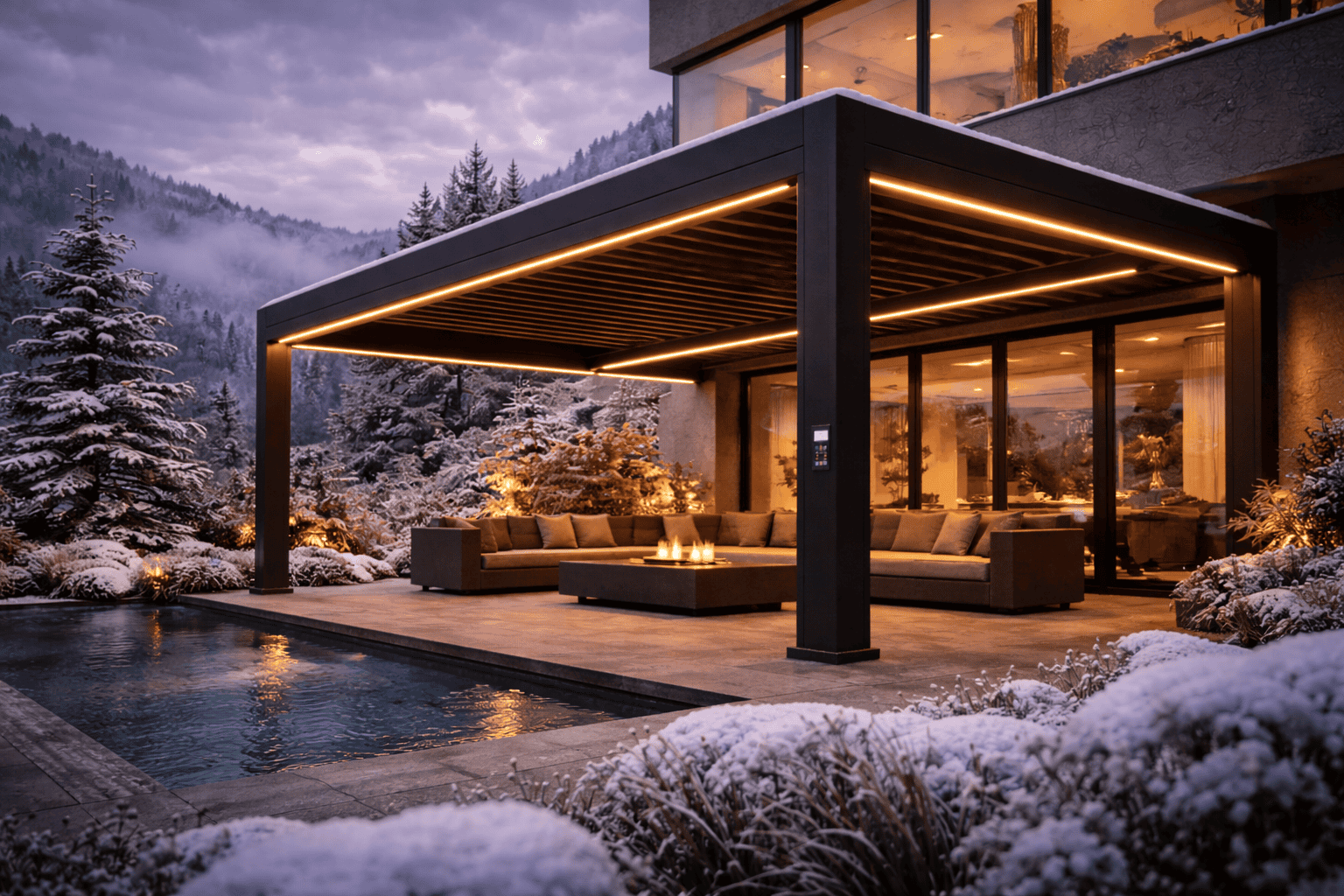 Pergolă bioclimatică pentru terasă, design elegant și funcționalitate în sezon rece.