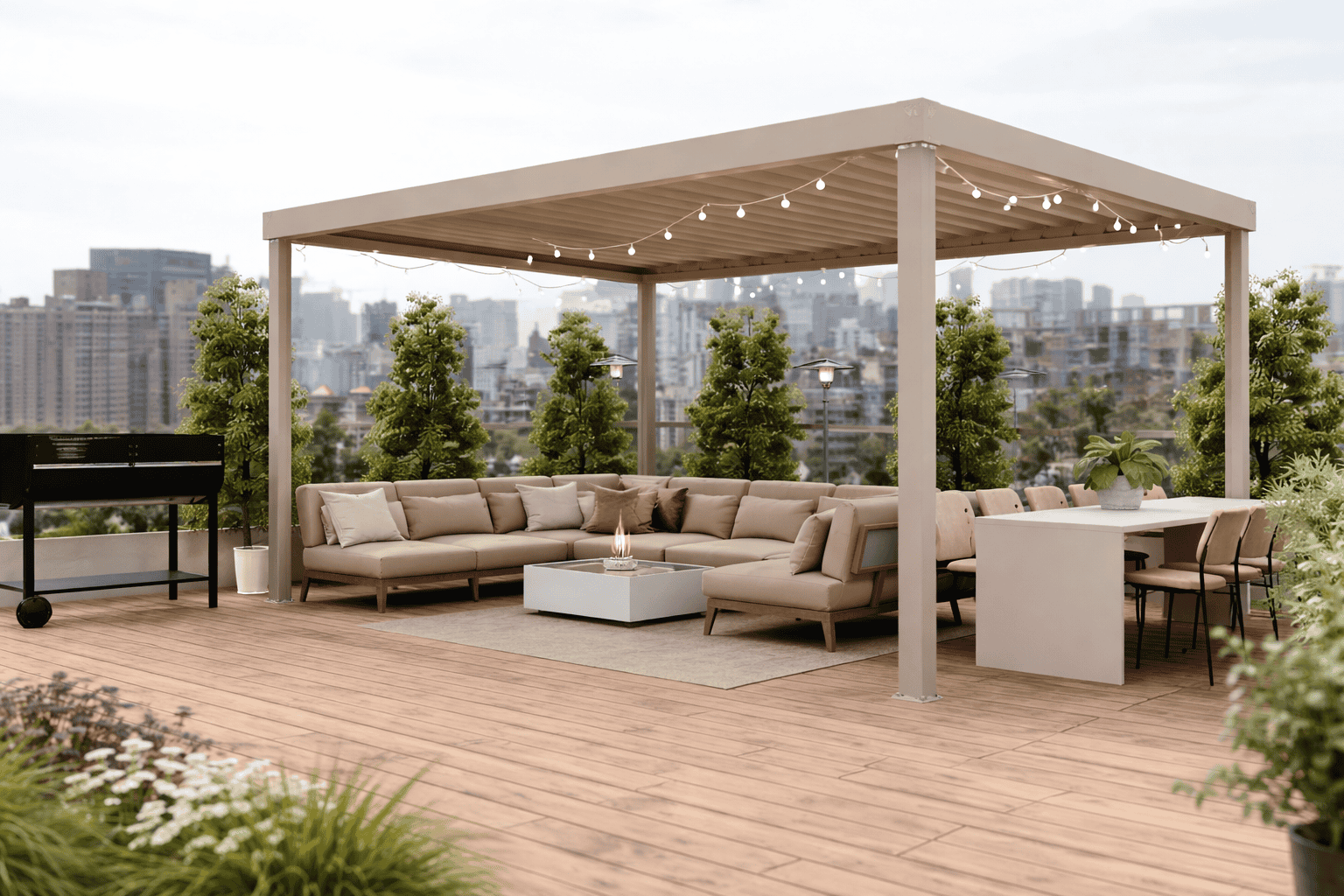 Pergolă bioclimatică pentru terasă cu design elegant și funcționalitate avansată.