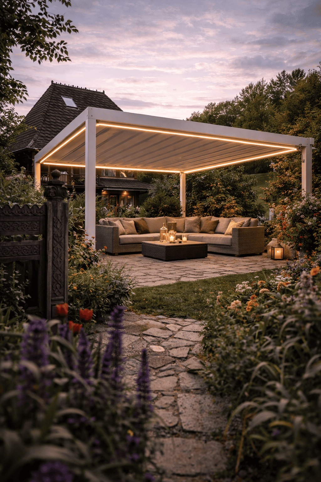 Pergolă retractabilă PVC pentru terasă și grădină, ideală pentru confort și protecție împotriva inte.