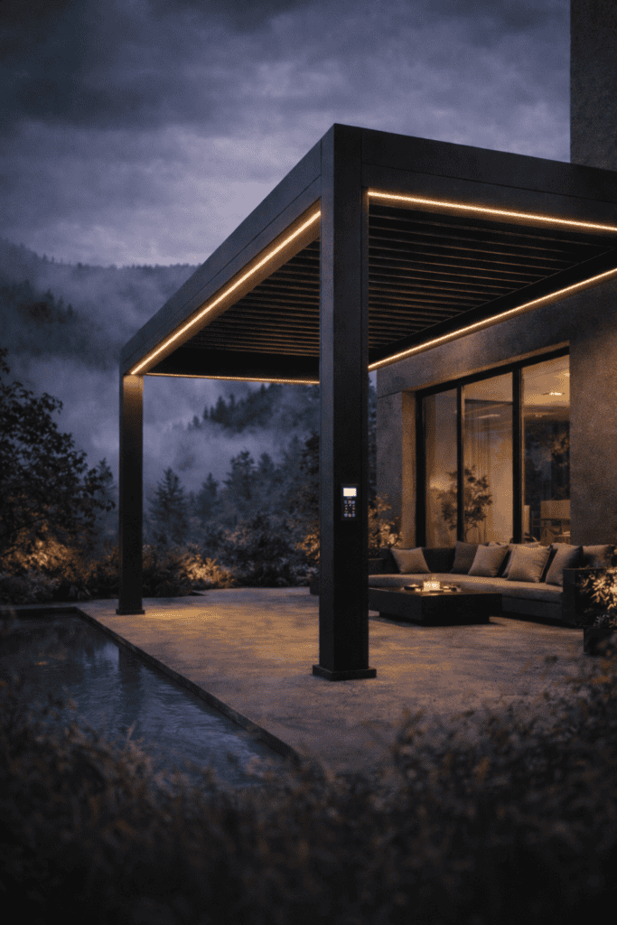 Pergolă bioclimatică pentru terasă, cu design elegant și funcționalitate avansată.